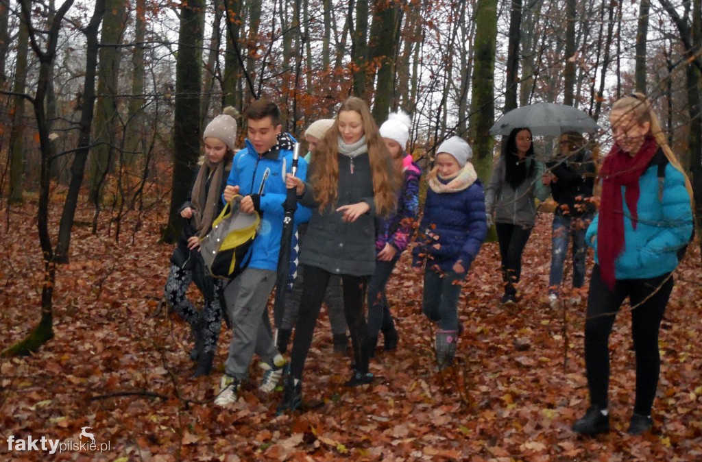 Uczniowie w lesie i wąskotorówce