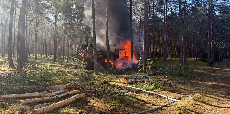 Ogień w lesie. Zapalił się forwarder